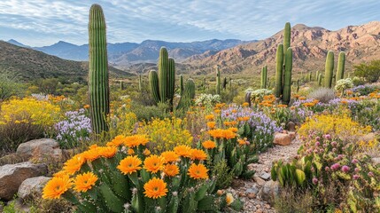 Vibrant desert landscape with blooming wildflowers and towering cacti against a majestic mountain backdrop.