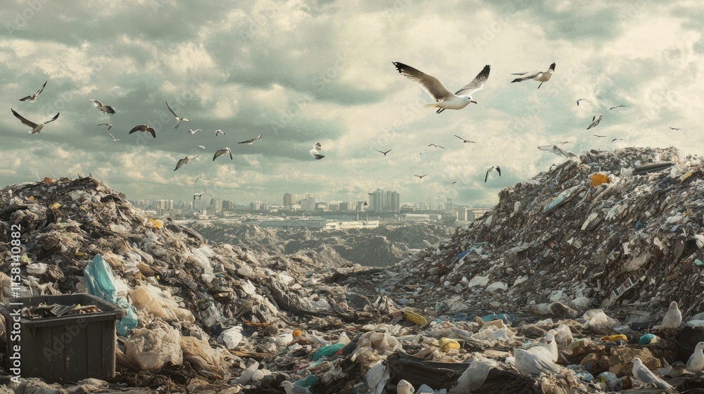 Poster seagulls soaring above a massive landfill with skyline in the background showcasing environmental im