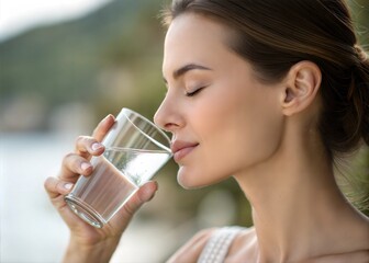 Close-up Portrait of a Woman Drinking Water from a Glass - Refreshing Hydration Moment