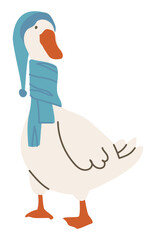 Goose bird. Set of blue hat and scarf. Flat vector illustration, eps10