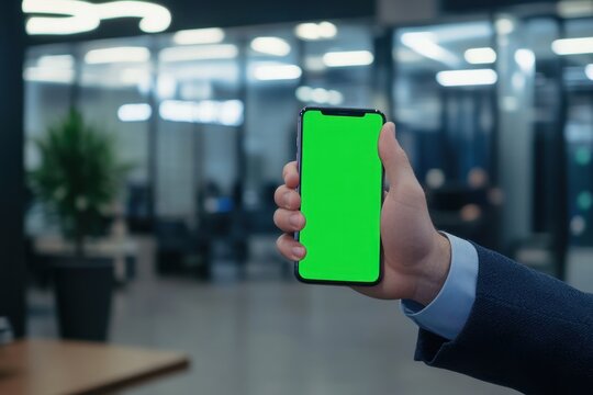 Businessman Showing Smartphone with Green Screen and Thumbs Up in Modern Office. - Powered by Adobe