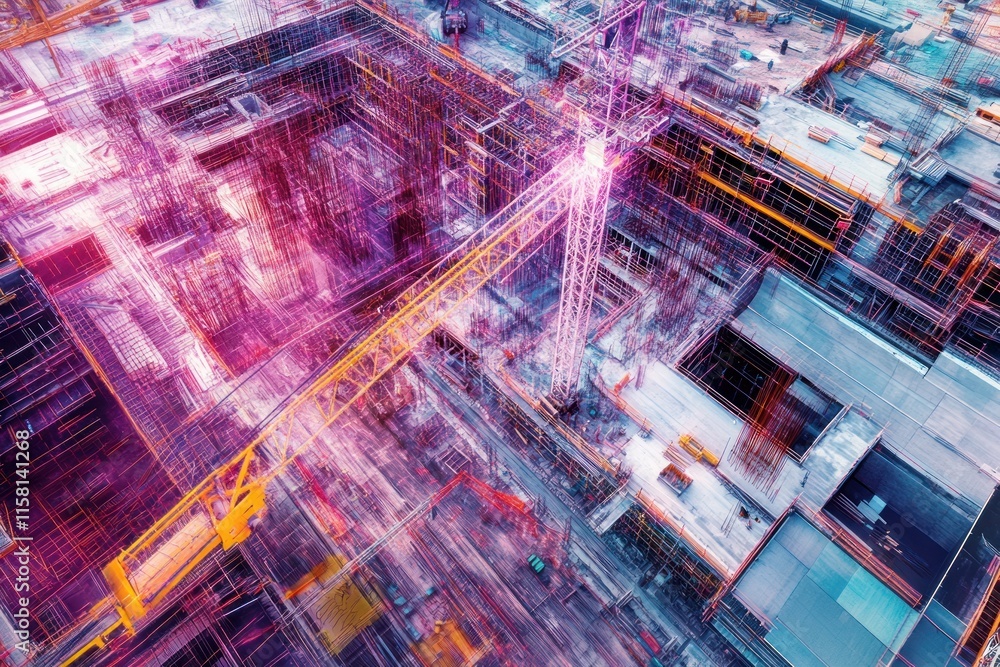 Poster aerial view of a large construction site with cranes and scaffolding, highlighted with vibrant color