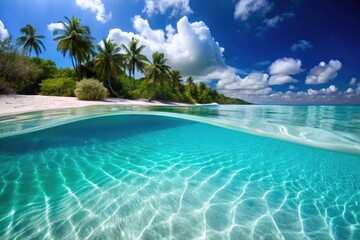 Fototapeta premium Aerial Underwater White Beach Paradise: Top-Down View, Crystal Clear Water, Stunning Seascape