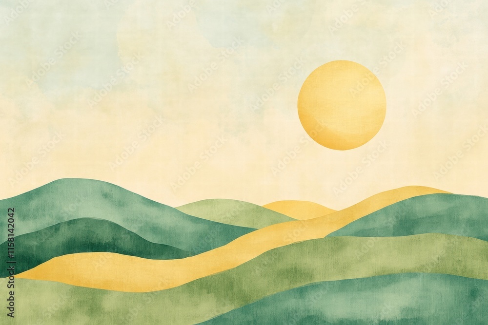 Poster Colorful naive art style landscape with sun and soft hills creating a tranquil atmosphere for relaxation and inspiration. Generative AI