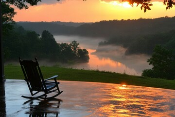 Fototapeta premium Tranquil Sunset Over Misty River Landscape