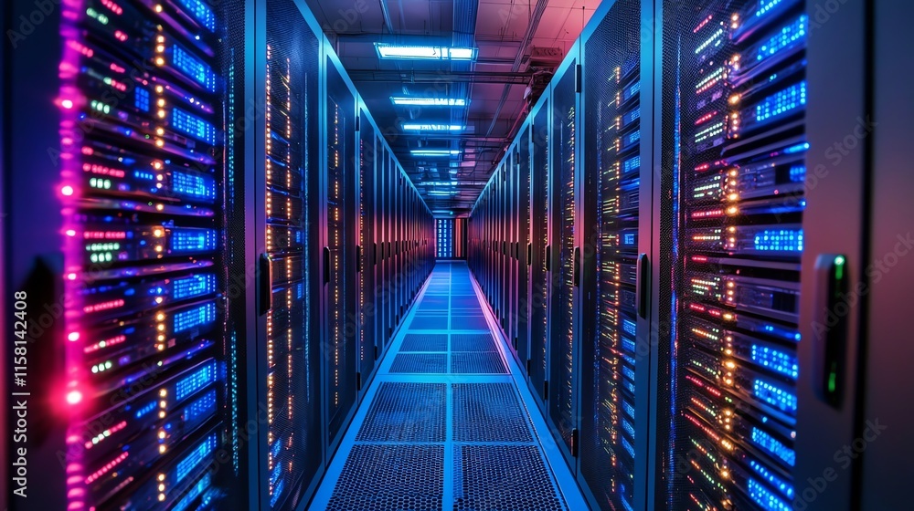 Aufkleber A corridor of servers illuminated by colorful lights in a data center.
