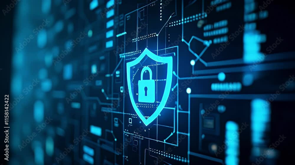 Poster digital security concept featuring a shield with a lock on a circuit board background.