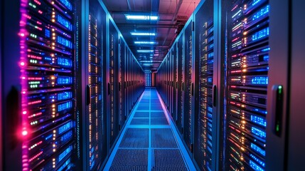 Obraz premium A corridor of servers illuminated by colorful lights in a data center.