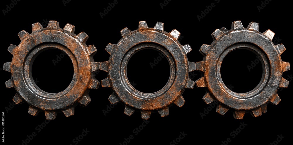Poster Three rusty gears arranged in a row, highlighting industrial design and mechanics.
