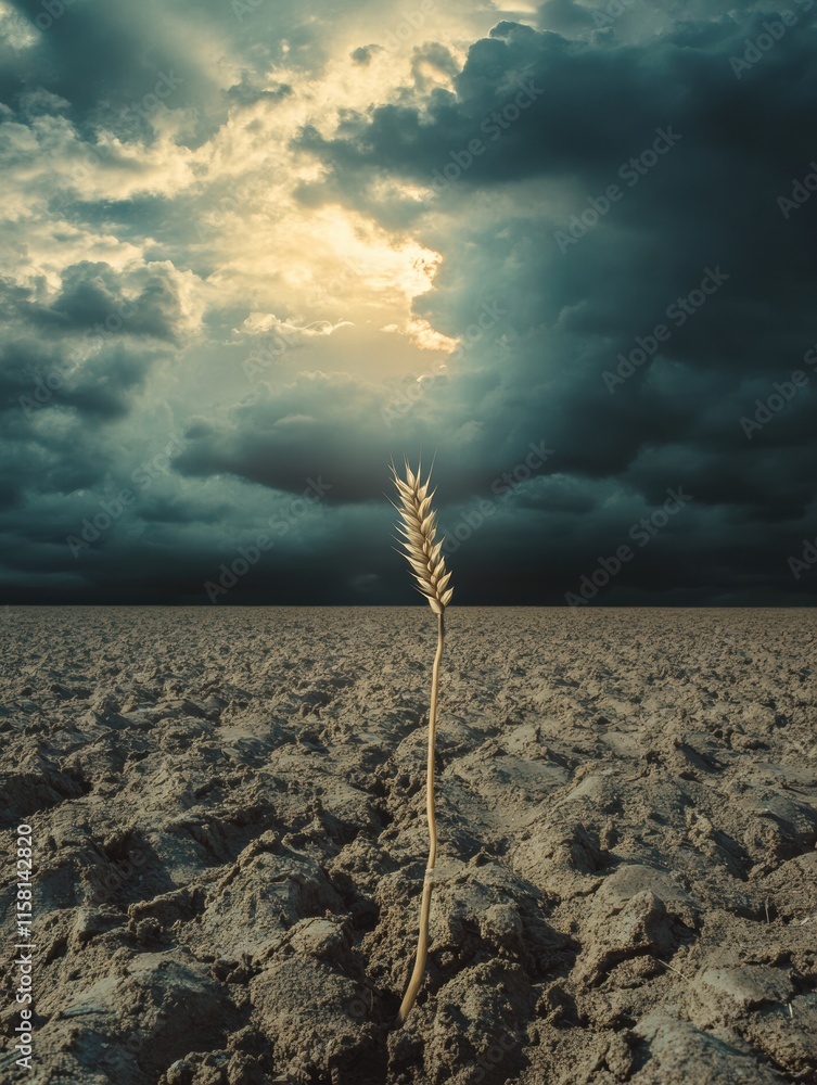 Poster single stalk of withered wheat stands resilient in a dry barren field against a dramatic sky. genera