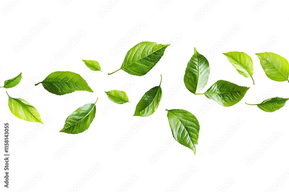Poster a collection of green leaves arranged in a flowing pattern on a white background.