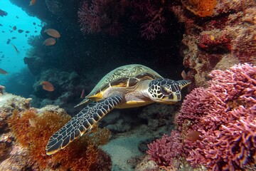 Hawksbill Sea Turtle Swimming Through Coral Reef