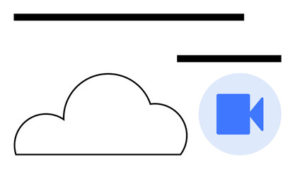 Black cloud icon connected with a blue video recording symbol. Ideal for cloud computing, video conferencing, online meetings, remote work, data storage, digital collaboration, streaming. Line