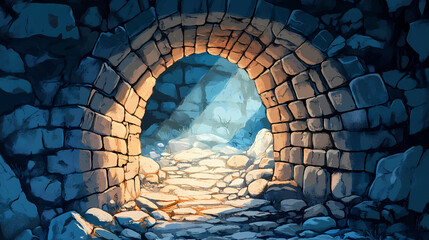 Exploring the mystique of a stone tunnel leading to light. Glimmer. Illustration