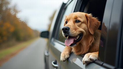 Golden retriever dog looking outside of a car with joy during a road trip with owner, labrador retriever, long brown hairs, journey, 