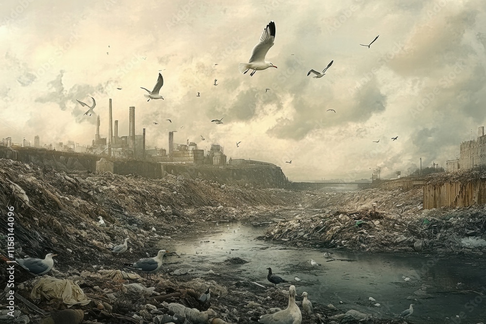 Poster Massive landfill with seagulls flying above a polluted environment and empty space for text. Generative AI