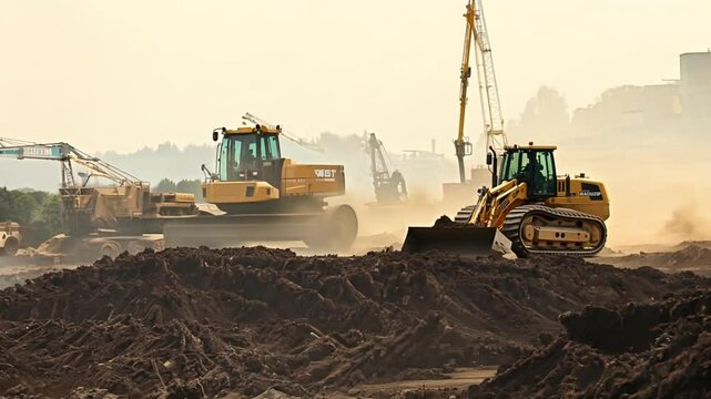 Bulldozers and excavators at a construction site clearing dirt and preparing for new infrastructure.