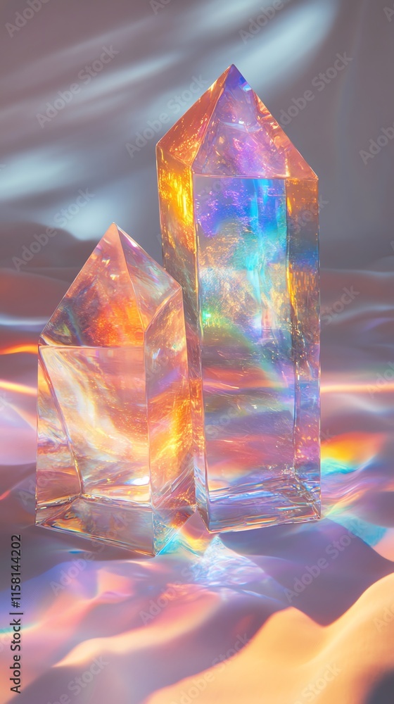 Poster Two crystal prisms reflecting light with colorful patterns on a soft surface.