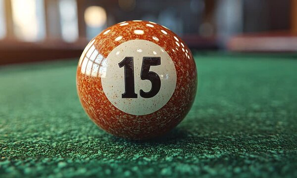 A close-up of a billiard ball numbered 15 resting on a green felt surface.