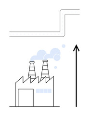 Factory with smoke stacks and rising arrow. Ideal for industry, growth, progress, pollution, economy, sustainability, change Line metaphor