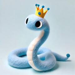 Fototapeta premium Blue snake character with cute crown made of warm fabric