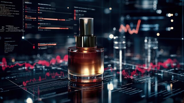 A sleek perfume bottle is displayed against a backdrop of digital data, combining luxury with technology in a modern setting.