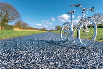 Fototapeta premium White Bicycle on a Paved Road Under Blue Sky