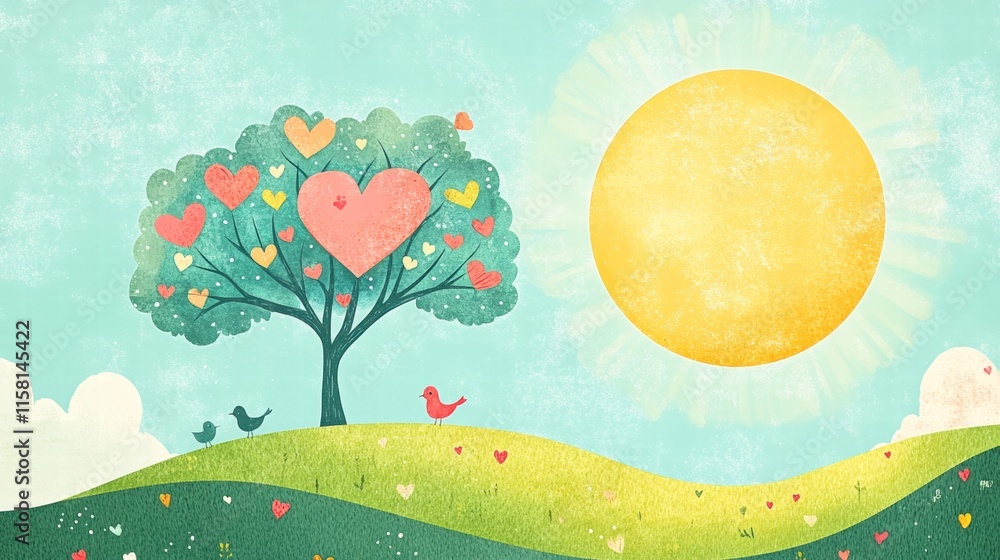 Poster whimsical valentine design with hearts in a sunny landscape featuring a tree and playful birds. gene