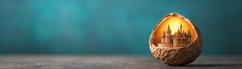 Obraz premium A whimsical miniature castle nestled inside a cracked shell, set against a soft blue background, evoking a sense of fantasy and creativity.