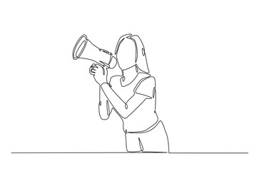 Woman holding megaphone to speak up continuous one line drawing. Person holds megaphone speaker in single line art illustration. Editable vector.