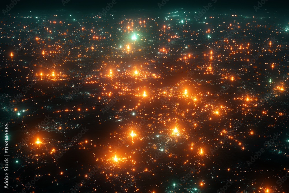 Poster a digital representation of a starry landscape with glowing orbs and light effects.