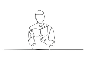 Man reading a book continuous one line drawing. Person study by reading book in single line art illustration. Editable vector.