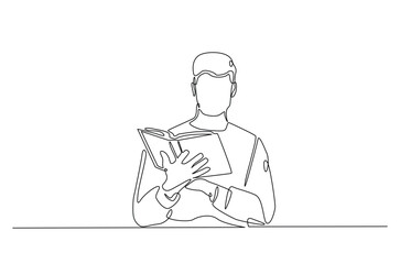 Man reading a book continuous one line drawing. Person study by reading book in single line art illustration. Editable vector.