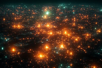 Fototapeta premium A digital representation of a starry landscape with glowing orbs and light effects.