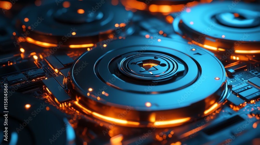 Aufkleber a close-up view of futuristic, glowing circular components on a circuit board.