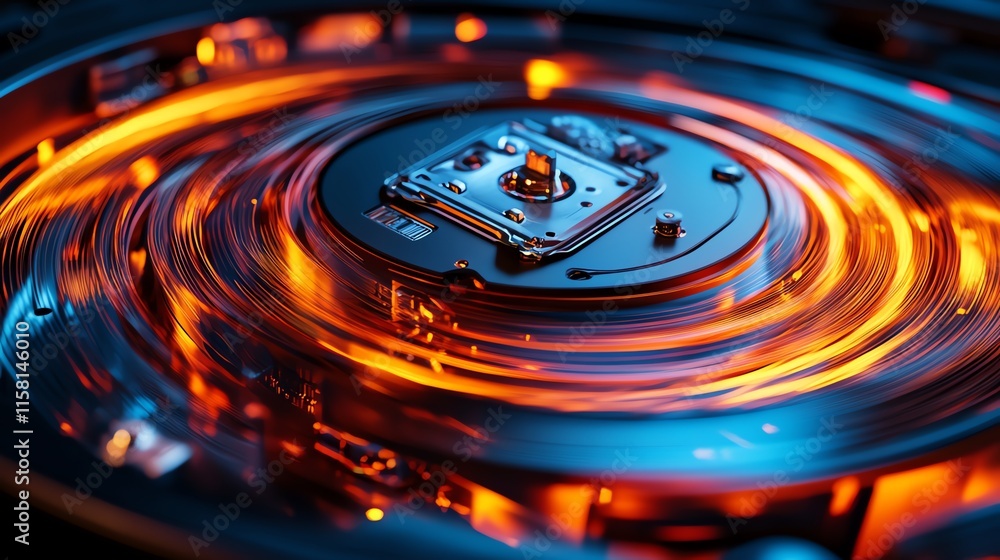 Aufkleber a close-up of a spinning hard drive, showcasing intricate mechanics and glowing elements.