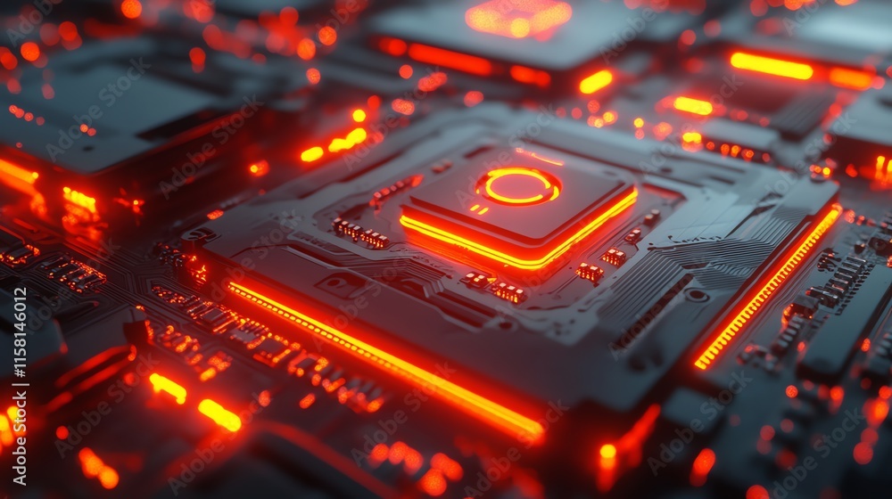 Poster A close-up view of a futuristic circuit board with glowing red elements.