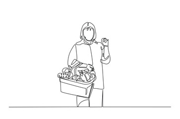 Woman carrying shopping basket continuous one line drawing. Woman holding basket with fresh organic vegetables in single line art illustration. Editable vector.