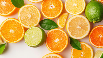 Obraz premium Citrus Burst: A vibrant collection of juicy oranges, limes, and lemons, artfully arranged with fresh green leaves. A refreshing image perfect for health, food, and beverage concepts. 