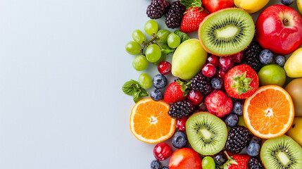Vibrant Fruit Abundance: A delightful mix of fresh, ripe fruits including strawberries, blueberries, oranges, kiwi, grapes, and more, creating a colorful and healthy composition. 