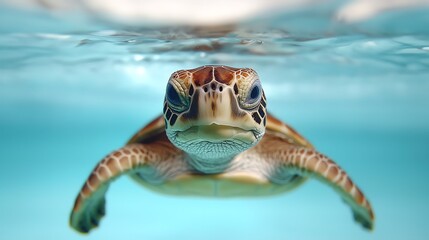 Obraz premium A close-up of a sea turtle swimming underwater, showcasing its distinctive features and vibrant colors against a clear blue background.