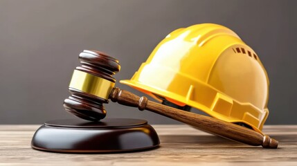 Hard Hat and Gavel on Table Signifying Fair Labor Law Judgments and Advocacy for Workers' Rights in Industrial Settings