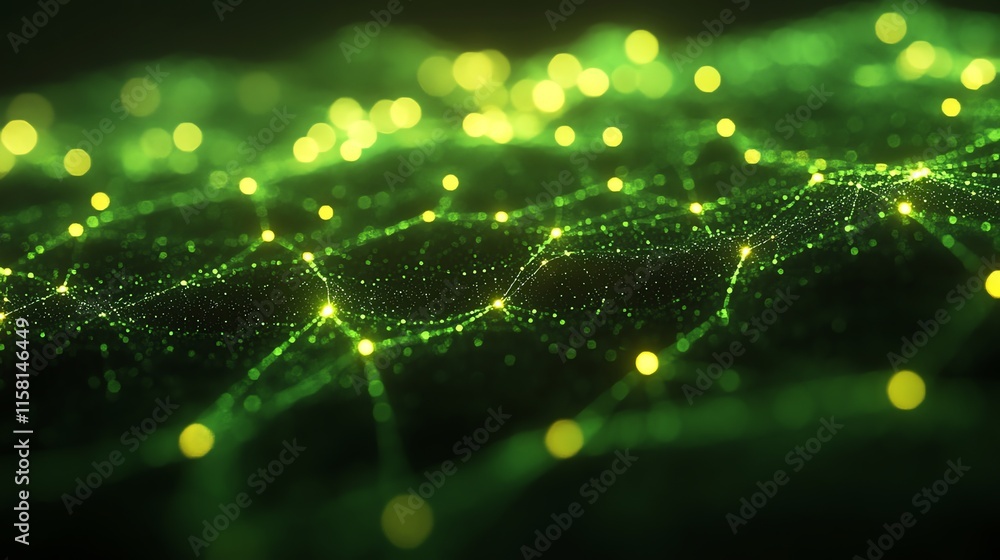 Poster a digital representation of interconnected nodes and glowing particles in green hues.