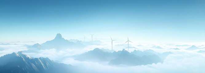 Wind Turbines on Mountain Peaks Above the Clouds