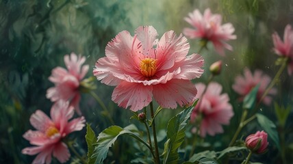 A Single Pink Peony Flower Blooms Amongst Others
