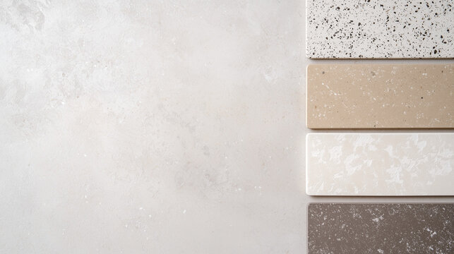 Countertop Samples:  A flat lay featuring a variety of countertop samples, showcasing a range of textures and colors for interior design and home renovation projects.