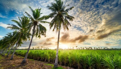 Majestic Coconut Palms Overlooking a Vast Sugarcane Plantation at Sunset