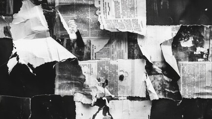 Abstract retro newspaper clippings, layered torn pieces with faded fonts and grunge details, black and white aesthetic