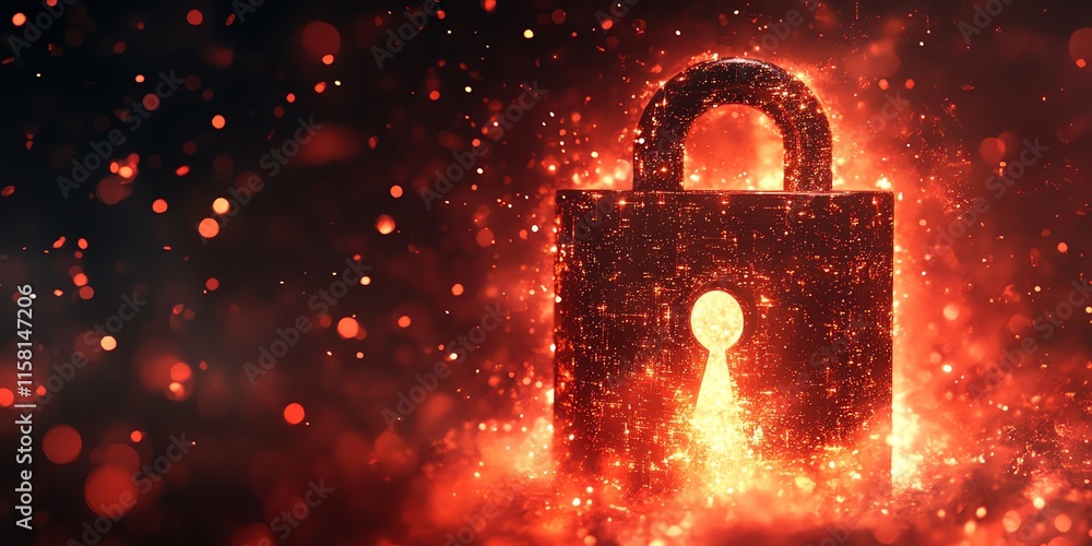 Aufkleber a glowing padlock surrounded by fiery particles, symbolizing security and protection.