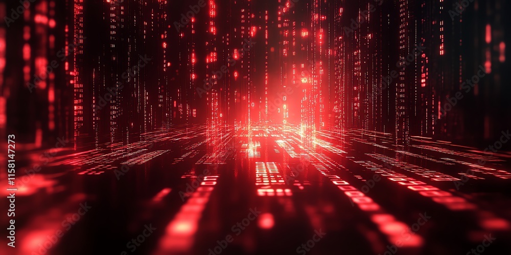 Poster Abstract digital landscape with red data streams and matrix-like visuals.